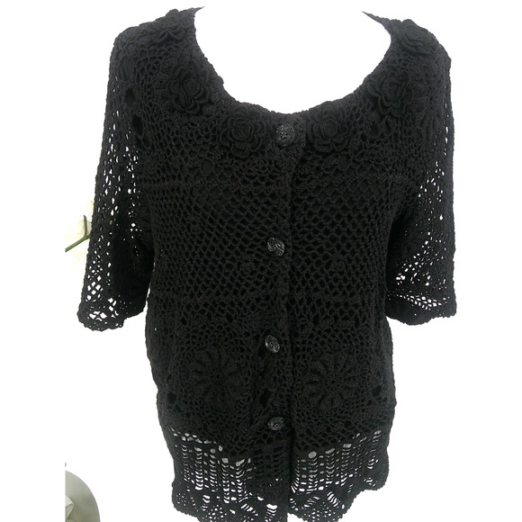 Nicole Marie Womens Size M Black Crochet Floral Boho Cardigan Sweater Top - Picture 3 of 7